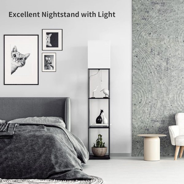 Dimmable LED floor lamp with storage shelves, modern design for living room, bedroom, and office. In.
