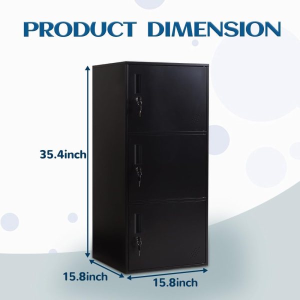 Black metal kids storage locker with three compartments and locks.
