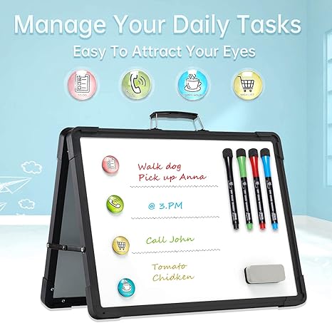 Magnetic double-sided whiteboard with adjustable height and foldable design for versatile use.