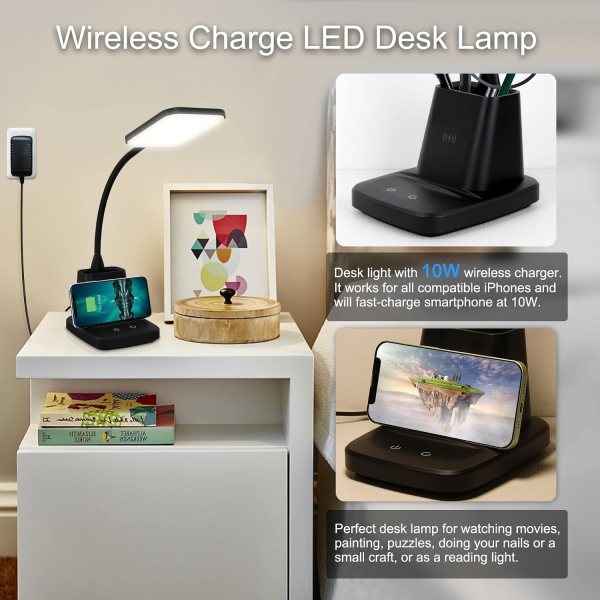 Modern LED desk lamp with wireless charger, adjustable gooseneck, and touch control for home and off.