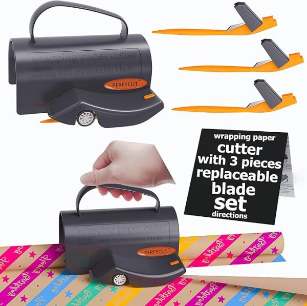 Wrapping Paper Cutter with 3 Replaceable Blade Sets for Efficient Birthday and Christmas Gift Wrapping – Perfect for All Paper Rolls