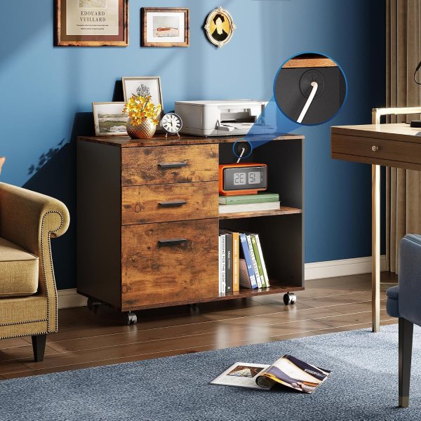Modern rolling office file cabinet with 3 drawers and open shelf for printer and supplies.