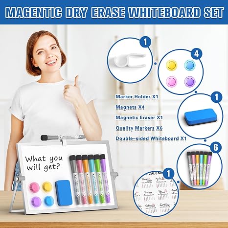 Magnetic whiteboard with stand, double-sided surface, markers, eraser, and accessories for home or o.