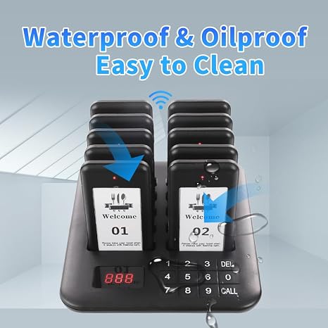 Wireless restaurant paging system with waterproof, oilproof design, long-range signal, and rechargea.