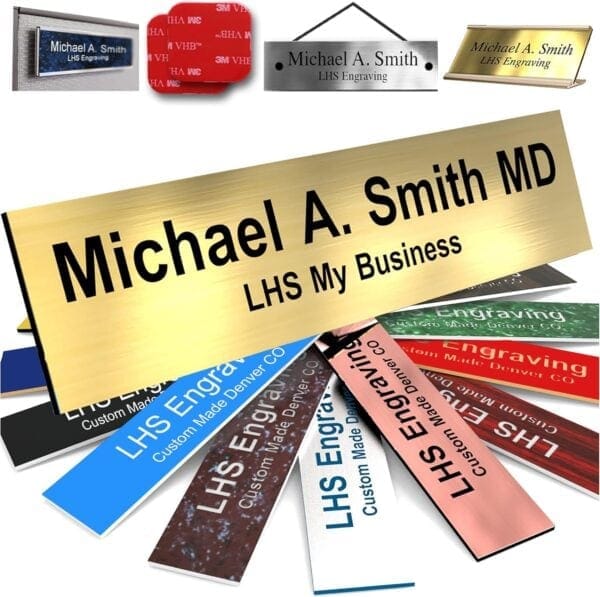 Engraved Name Plates for Desk and Door Signs Personalized Brushed Brass Plastic Nameplate with Black Letters | 2×8 – M6