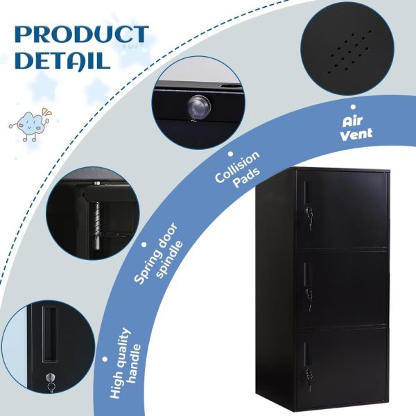 Black metal kids storage locker with multiple compartments and lockable doors.