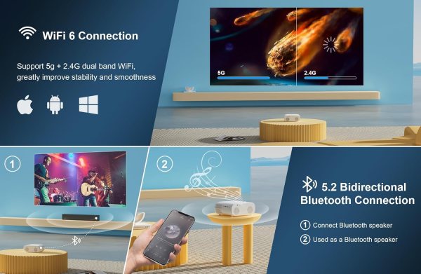 Outdoor projector with 4K support, Bluetooth, Wi-Fi, and AI autofocus for home theater & outdoor mov.