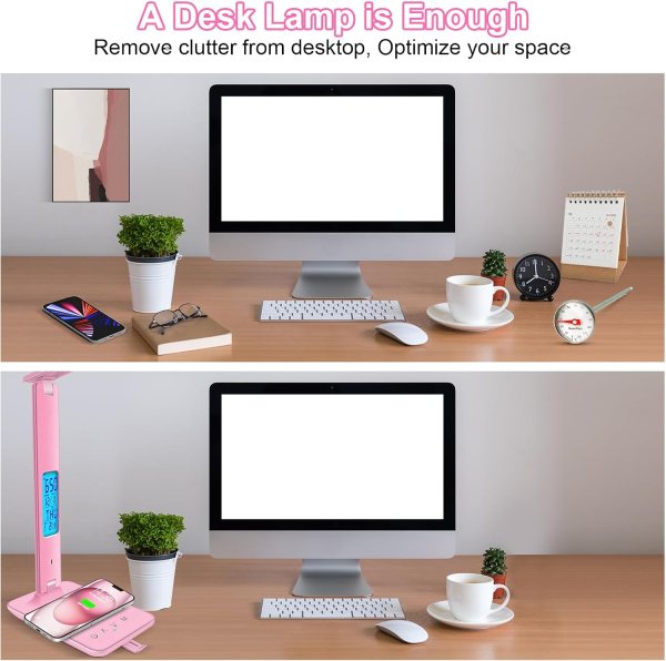Wireless charging LED desk lamp with touch control and dimmable light for work and study. Modern, ey.