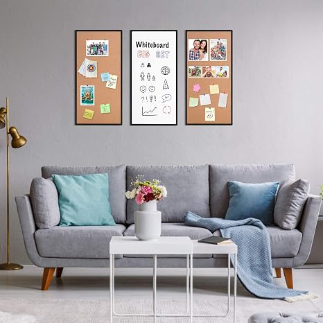 Whiteboard and corkboard set with notes and photos in living room.
