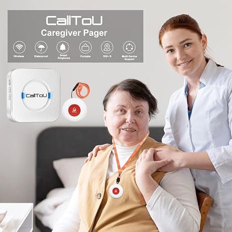 Caregiver pager system with SOS buttons, long-range receivers, waterproof design, and multi-device s.