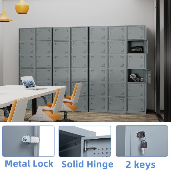 Gray metal storage lockers with ventilation and secure locks in office setting.
