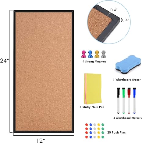 Magnetic corkboard with frame, push pins, markers, and eraser for office or home.