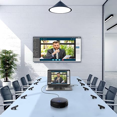 Conference speakerphone with 360° voice pickup and noise cancellation for clear remote meetings.