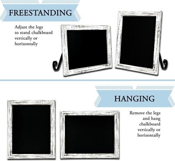 Versatile magnetic chalkboard with removable stand and hanging option.