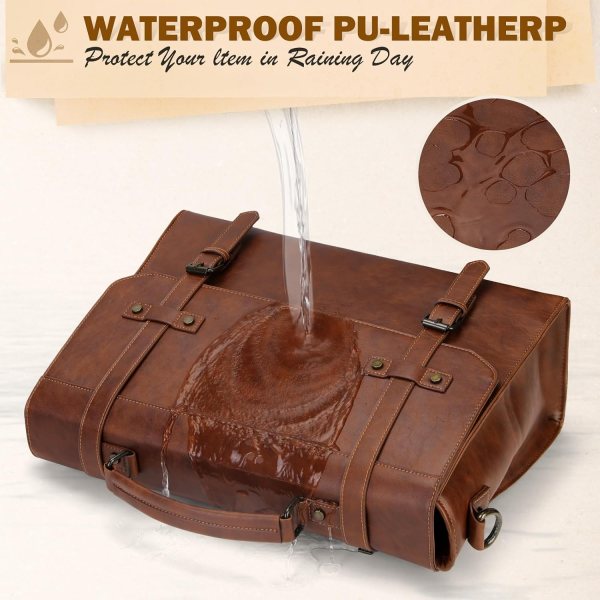 Waterproof leather messenger bag with rain protection for laptops and travel.