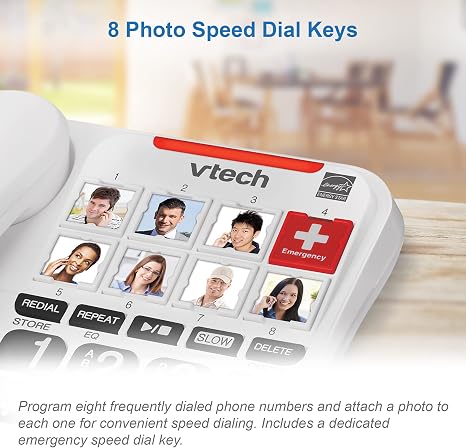 Answering machine with speed dial for seniors and hearing-impaired users.