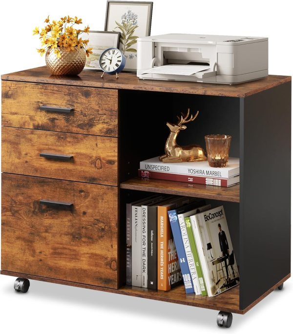Lateral File Storage Cabinet with 3 Drawers and Open Shelf for Printer, Files, and Office Supplies – Rolling Office File Organizer on Wheels