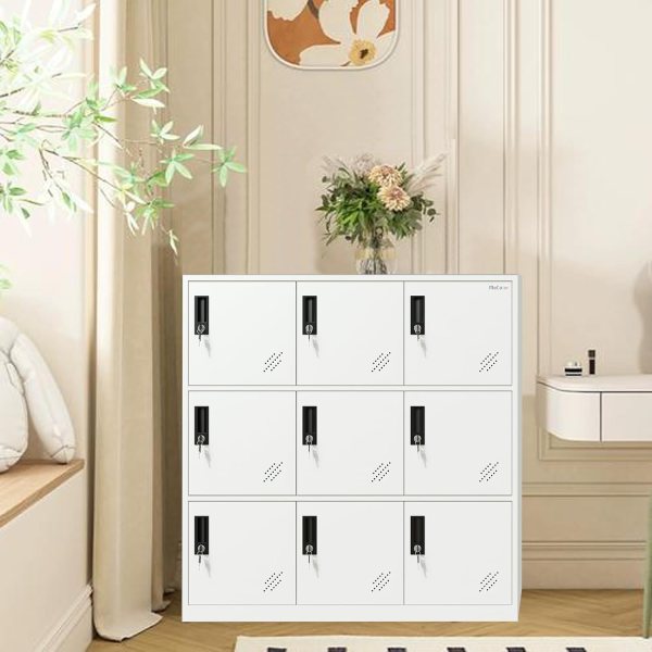 White metal storage cabinet with 9 vented doors for office or home.
