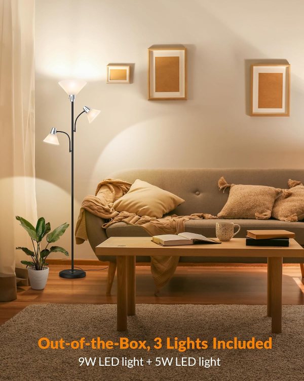 Floor lamp with flexible gooseneck and three LED lights for reading and office use.