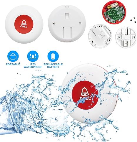 Wireless caregiver alert system with SOS call buttons, receivers, and waterproof design for patient.