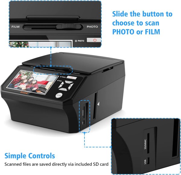High-resolution 22MP slide scanner with 5" LCD display for easy photo digitization and film scanning.