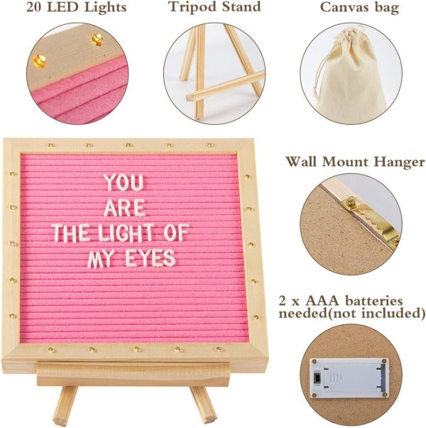 Pink felt letter board with LED lights, tripod stand, and accessories for customizable messages.