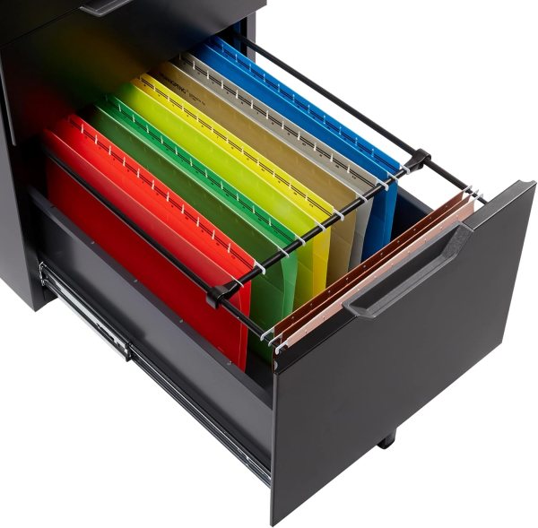 Mobile filing cabinet with 3 drawers, locking storage, and rolling caster wheels for office organiza.