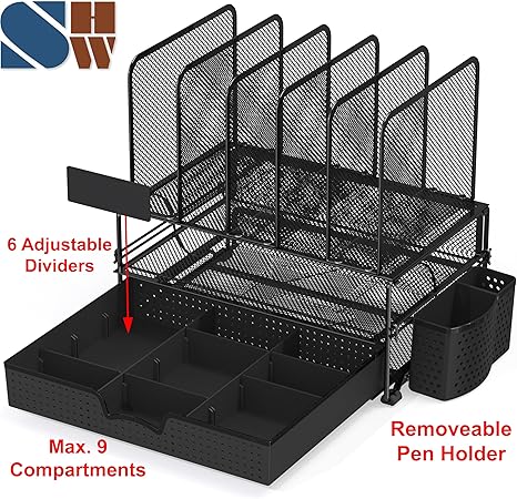 Desk Organizer with Drawers – Stylish Mesh Desk Storage Organizer with 3-Compartment Drawer and 5 Upright Compartments for Office and Home
