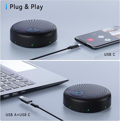 Portable conference speakerphone with 360-degree voice pickup and noise cancellation for clear calls.