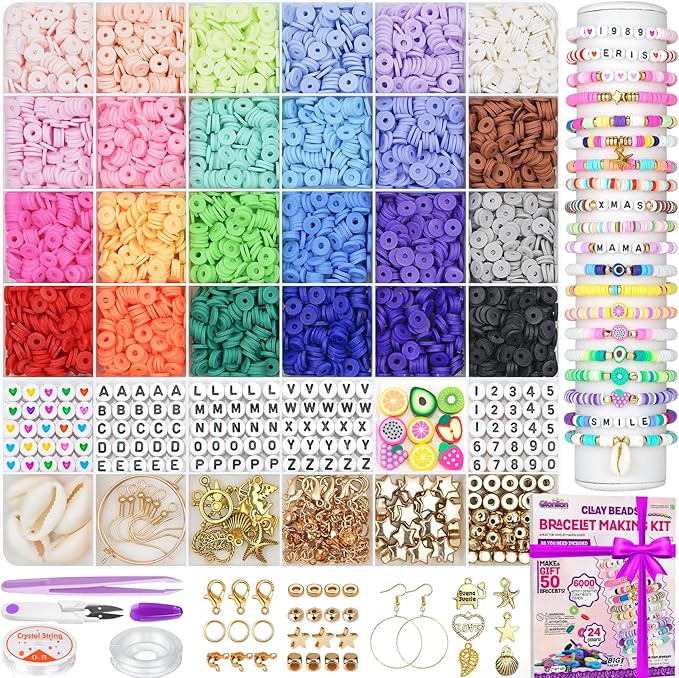 6000 Clay Beads Friendship Bracelet Kit for Jewelry Making, 24 Colors Polymer Clay Beads with Charms, Elastic Strings, Perfect Craft Kit for Girls Ages 6-12
