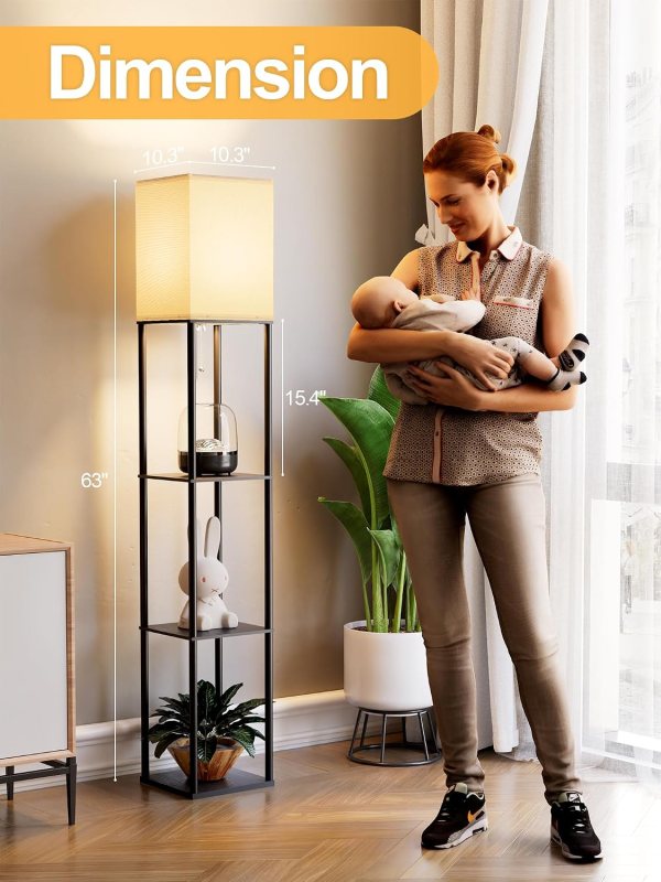 Multifunctional LED floor lamp with wooden shelves, ideal for living rooms, bedrooms, and offices. E.