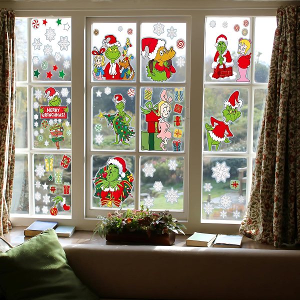 Christmas Window Stickers – Reusable Holiday Window Clings Featuring Grinch, Snowflakes, and Christmas Balls, Easy to Apply Without Residue