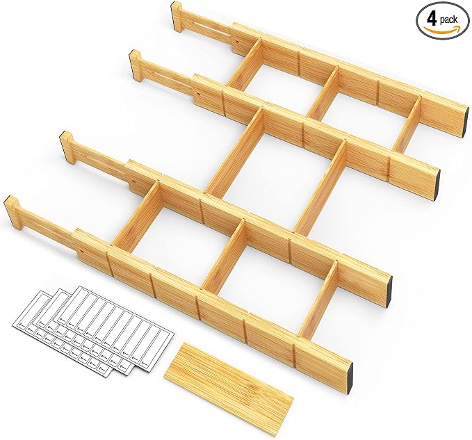 Adjustable Drawer Dividers – Expandable Bamboo Storage Organizers for Kitchen, Office, Bathroom & More