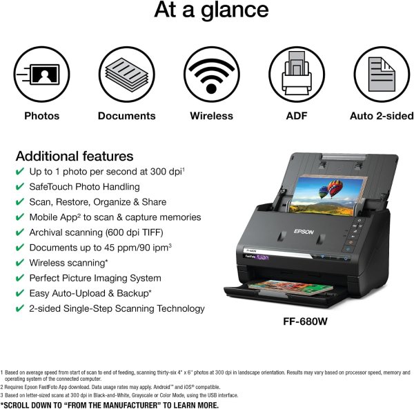 High-speed photo scanner with wireless features and mobile app integration for quick, easy photo dig.