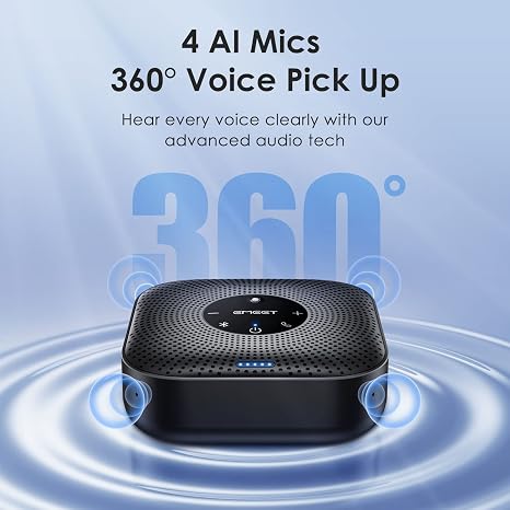 AI conference microphone with 4 microphones, 360° voice pickup, noise reduction, and long battery li.