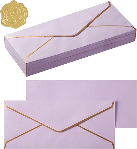 Purple Envelopes Set with Gold Stickers for Mailing, Invitations, Birthdays, and Special Events – 50 Envelopes and Stickers