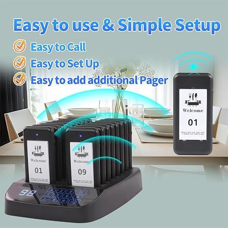 Wireless restaurant pager system with multiple beepers, vibration, flash, and buzzer alerts for effi.