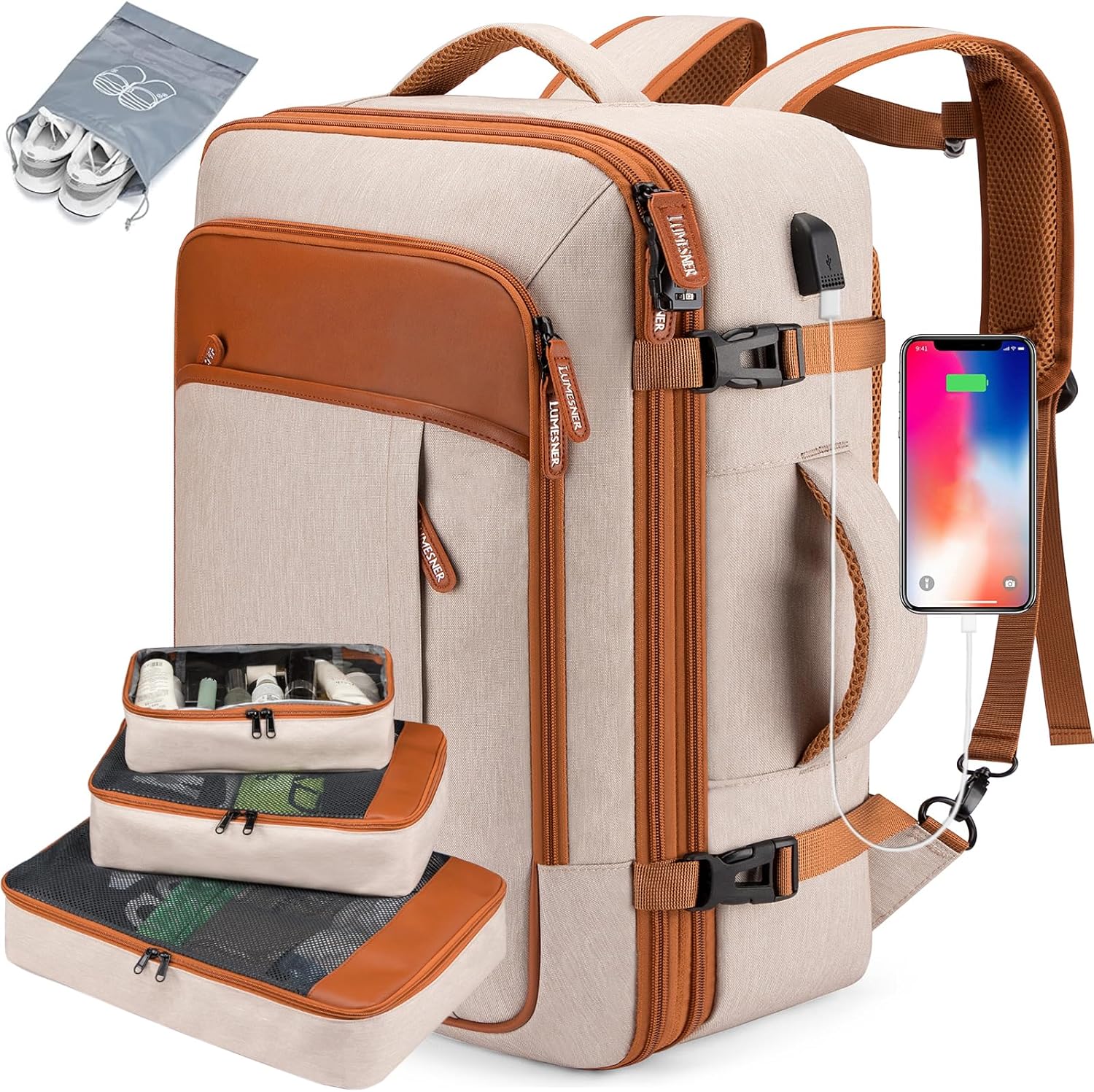 Expandable Travel Backpack with USB Charging Port – 40L Capacity, Weekender Backpack with Packing Cubes for Men and Women