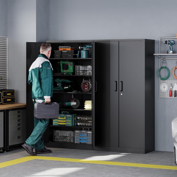 Durable metal storage cabinet with lockable doors in a garage setting.