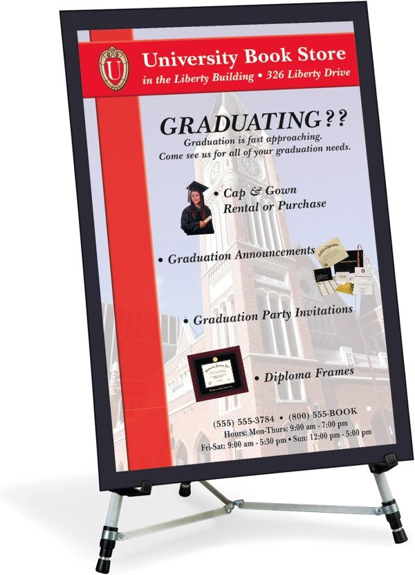 Graduation announcement board with university branding and event details.