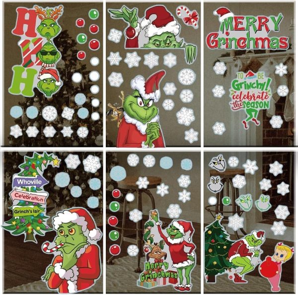 Window Christmas Decorations – Reusable Christmas Window Stickers Featuring Grinch, Snowflakes, Christmas Trees for Glass, Mirrors, and Smooth Surfaces