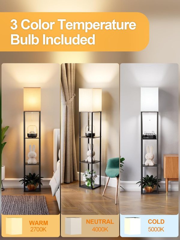Multifunctional LED Floor Lamp with Wooden Storage Shelves.