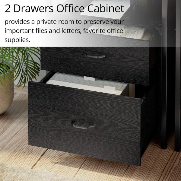 Stylish black office storage cabinet with 2 drawers and open shelves for organizing files, books, an.
