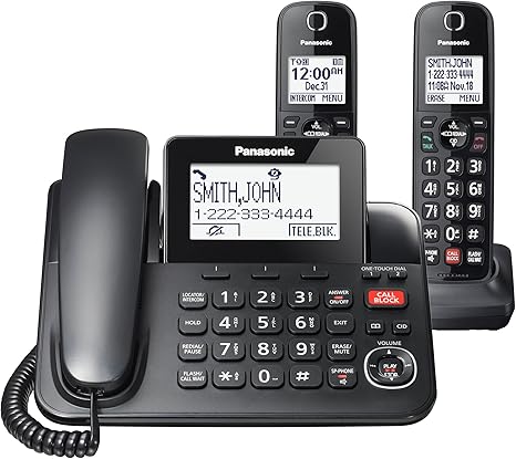 Office Phone System with Corded Base Unit & 2 Cordless Handsets – Advanced Call Blocking, 2-Way Recording, and Hands-Free Functions