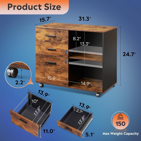 Lateral file cabinet with 3 drawers, open shelf, and rolling wheels for office organization and stor.