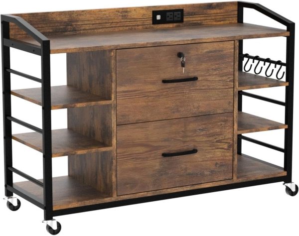 Lockable filing cabinet with 2 drawers, adjustable shelves, charging ports, and rolling casters for.