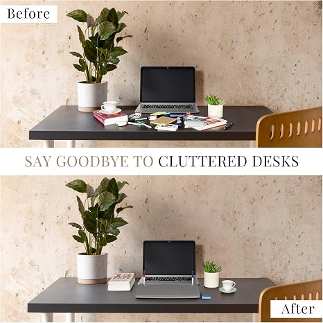 Cluttered desk with laptop and papers before cleaning, tidy desk after organization.