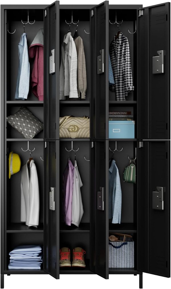Black metal storage lockers with hanging space and shelves for clothes and accessories.
