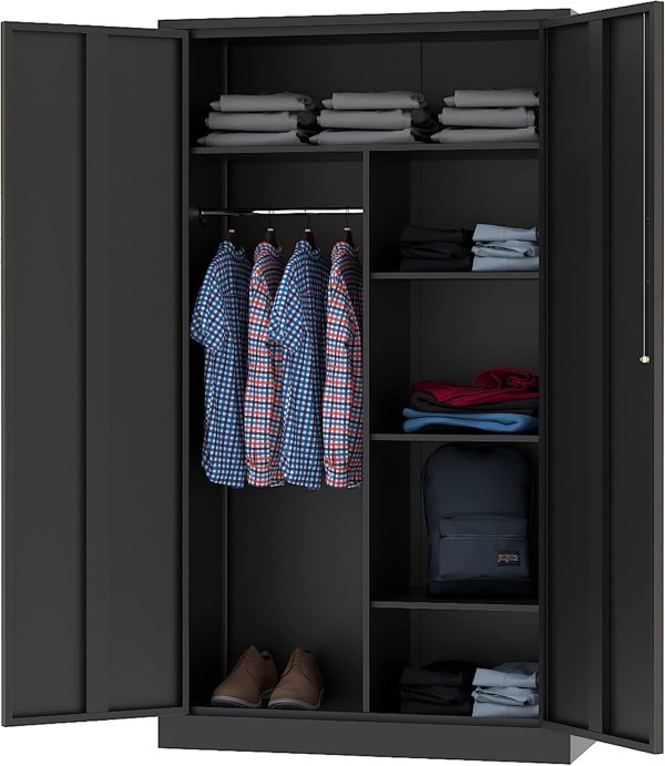 Secure Metal Cabinet with Locking Mechanism – Heavy Duty Steel Storage Locker with Adjustable Shelves and Hanging Rod for Office, Home, or Garage