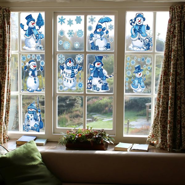 Christmas Window Decorations – Reusable Holiday Window Clings with Snowman & Snowflake Designs, Double-Sided Winter Stickers for Glass, Mirrors, Doors, and Windows